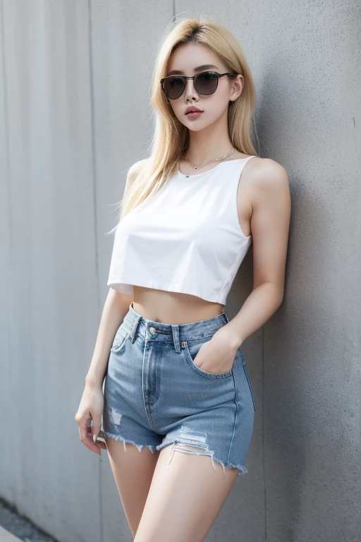 1girl, (Blue Eyes), (smiling :1.2), (Sana Minatozaki), wide hips, (big tits :1.1), (big ass) , thin waist, thick thighs, toned legs, muscle, (Best Quality, 8k, Masterpiece: 1.3), Clear Focus: 1.2, Perfect Body Beauty: 1.4, strong abs, Highly detailed face and skin texture, detailed eyes, double eyelids, (blonde long straight hair :1.2), (black t-shirt :1.2), (denim shorts), standing, dynamic pose, on the streets of Miami, palm trees and bars in the background
