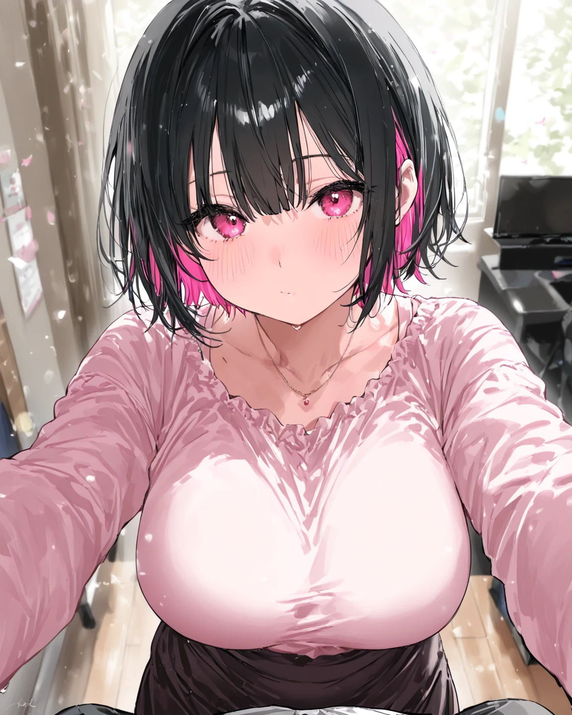 ((Black hair)),((Curled Shorthair)),((pale pink eyes)),(bishop sleeve long sleeve clothing),(Full polka dot black and white long sleeve top),(red belt band),((Soft long skirt made of denim material)),((Feeling of fatigue and weakness)),((Perspective from above)),Slight red tide,(Open your mouth and try chewing),(Vampires),((long fangs)),(Kamimei),((close up of face)),((NSFW)),((Cleavage that looks modest))