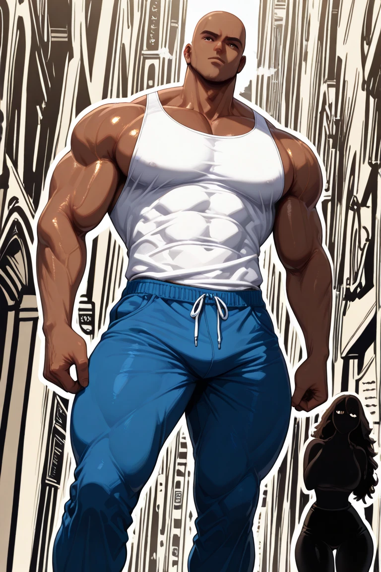 Handsome、Robust male，is wearing a shorts，Take off your top，Reveals the muscular lines of the upper body，Show on the《Extreme pursuit》A cinematic scene，He looks ambitious。