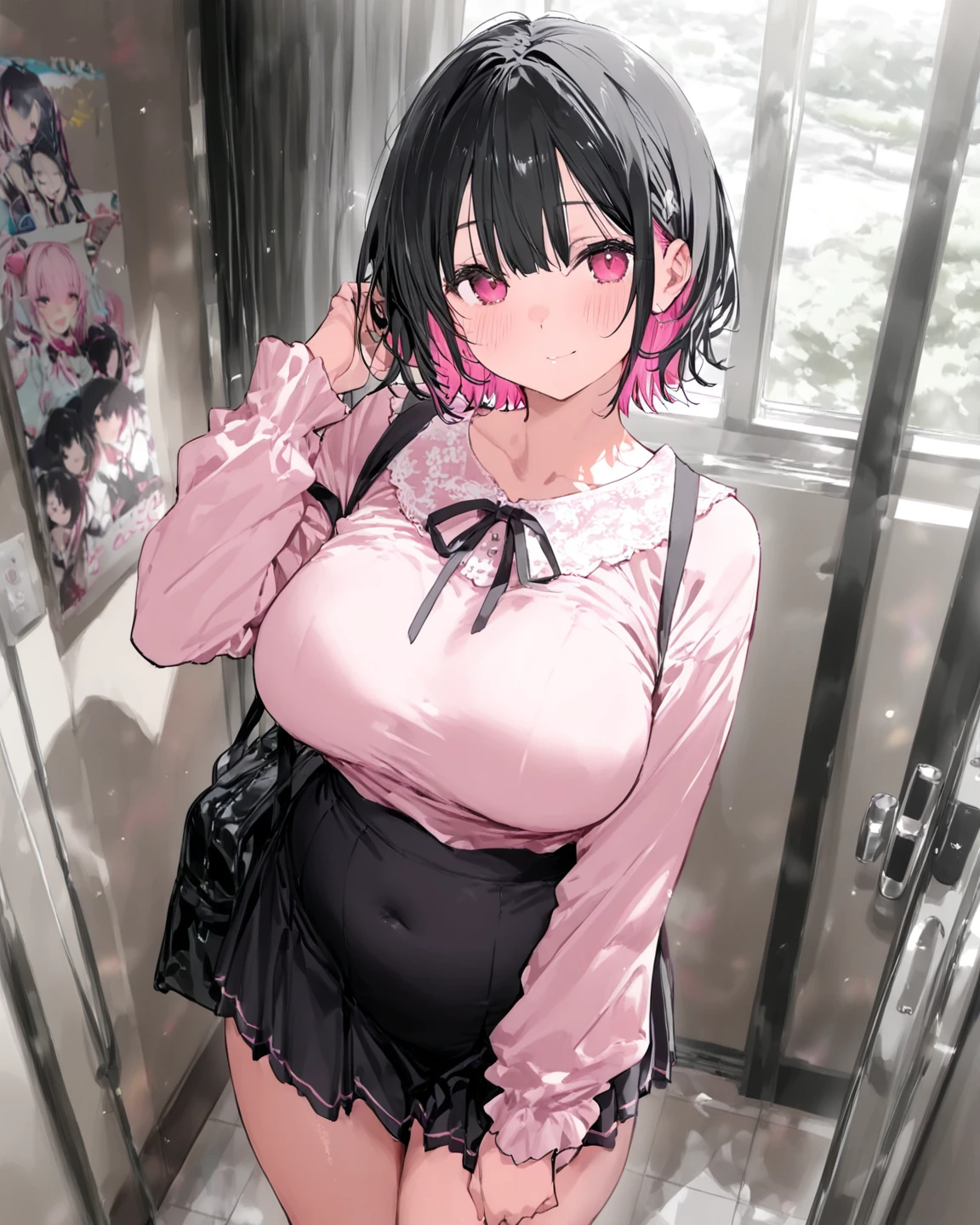 (8k, Highest quality, masterpiece:1.2),\Two Arms、(eye\),(\(Garment Details\)\),cowboy shot,Very detailedCG Unity 8k huge file size,Very detailed,High resolution,absurdes,Beautiful eye,Ray Tracing,Dramatic Shadows,finely,Hyper Detail,(1 girl:1.3),(alone)、(((Black Bob Hair、Black Hair)))、(Oily skin)、((Pink short skirt))、(Very large breasts)、Simple Background、((White cotton camisole))、hot、((haa))、Embarrassed expression、sexly、((I can see her panties))、(Spread your legs wide、sit)、((White knee-high socks))、、(((12 years old,Middle school students))、Seductive attitude、blush、((Pink hairpin))、He is short、