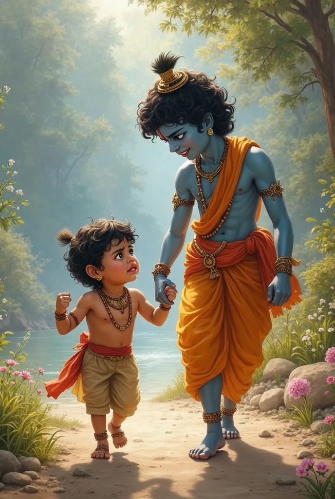 Lord Shri Krishna playing with a boy.