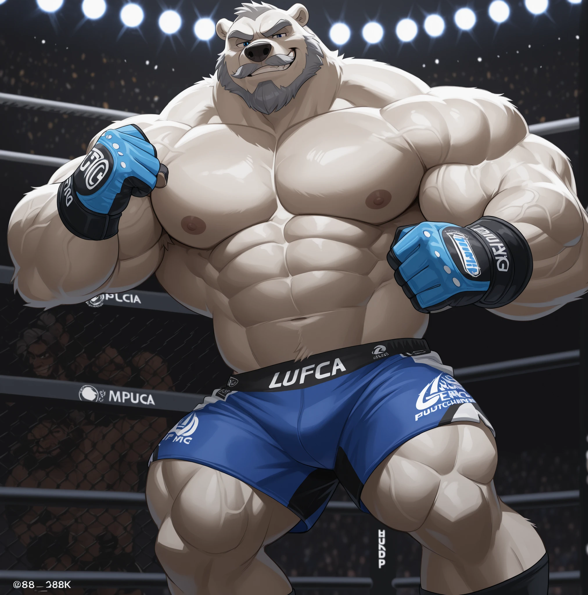 huge muscular polar bear in UFC MMA fight tournament, big hulking champ, grunts smirk, polar bear, huge white fur, thick arm, huge arm, added thick gray mustache with beard, short gray hair, (veiny muscular, pectoral, wide pectoral, thick arms), UFC caged octagon ring, lights. DISNEY ANIMATIONS. 8k, masterpiece, gray eyebrows added, added eyes with blue pupils, (wearing wearing black UFC MMA shorts with blue lines, wearing UFC MMA gloves with blue pads, black toeless socks), flexing his biceps
