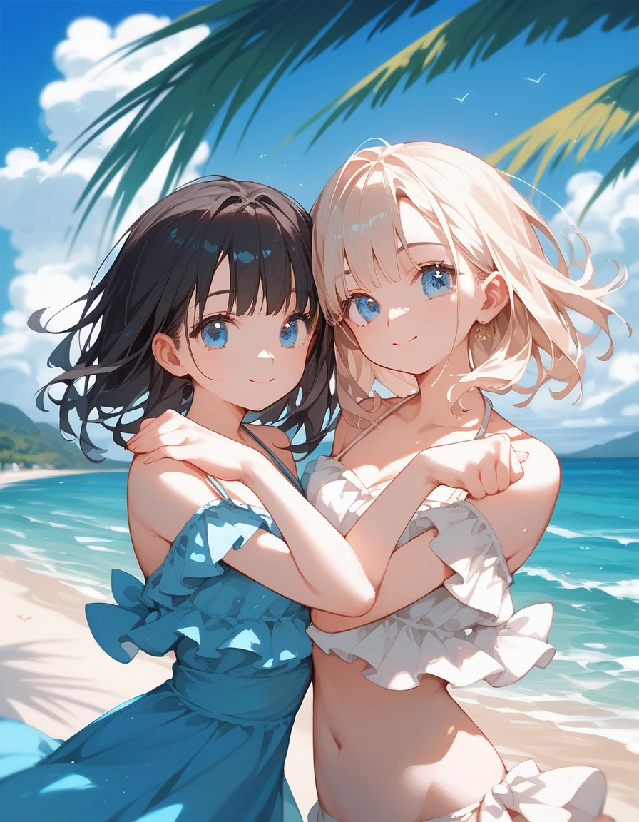 (masterpiece:1.3),(bestquality:1.3),(8k:1.3),(2girls:1.1),(beach:1.3),(cowboy_shot:1.3),(dutch angle:1.3),(from_below:1.2),(fisheye:1.1),(soft clean:1.1),anime visual, (Lovey-dovey:1.5), (tilt head:1.3), extremely delicate face, soft clean focus, realistic lighting and shading, (an extremely delicate and beautiful art:1.3), elegant, 
BREAK,
(masterpiece:1.3),(bestquality:1.3),(high resolution:1.3),(extremely detailed:1.3),(8k:1.3),(2girls:1.1),(loli:1.1),ponytails,hair between eyes,blue eyes,silver hair,small_breasts,(open mouth:1.1),(grin:1.1),(blue bow:1.1),(frosty blue halterneck bikini:1.2),(frills trim:1.1),(hug each other tight:1.4),beach,
BREAK,
(masterpiece:1.3),(bestquality:1.3),(high resolution:1.3),(extremely detailed:1.3),(8k:1.3),(2girls:1.1),loli,black and green eyes,blue purple hair, long wavy hair,blunt bangs hair,(two side up:1.1),small_breasts,(whitebow:1.2),(grin eyes:1.2),(smirk:1.2),(black halterneck bikini:1.2),(frills trim:1.1),(hug each other tight:1.4),beach,