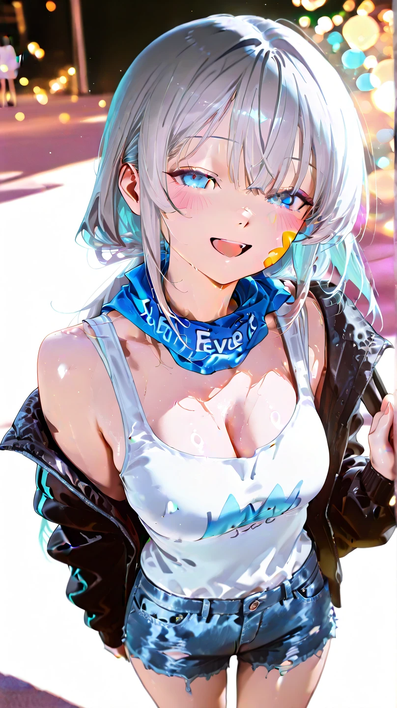 score_9,score_8,score_7,score_8_up,score_7_up、a cartoon girl with big bunny ears wearing swimwear giving the peace sign, 1girl, breasts, blue eyes, solo, animal ears, navel, v, large breasts, eyewear on head, ponytail, grey hair, jacket,Miyu