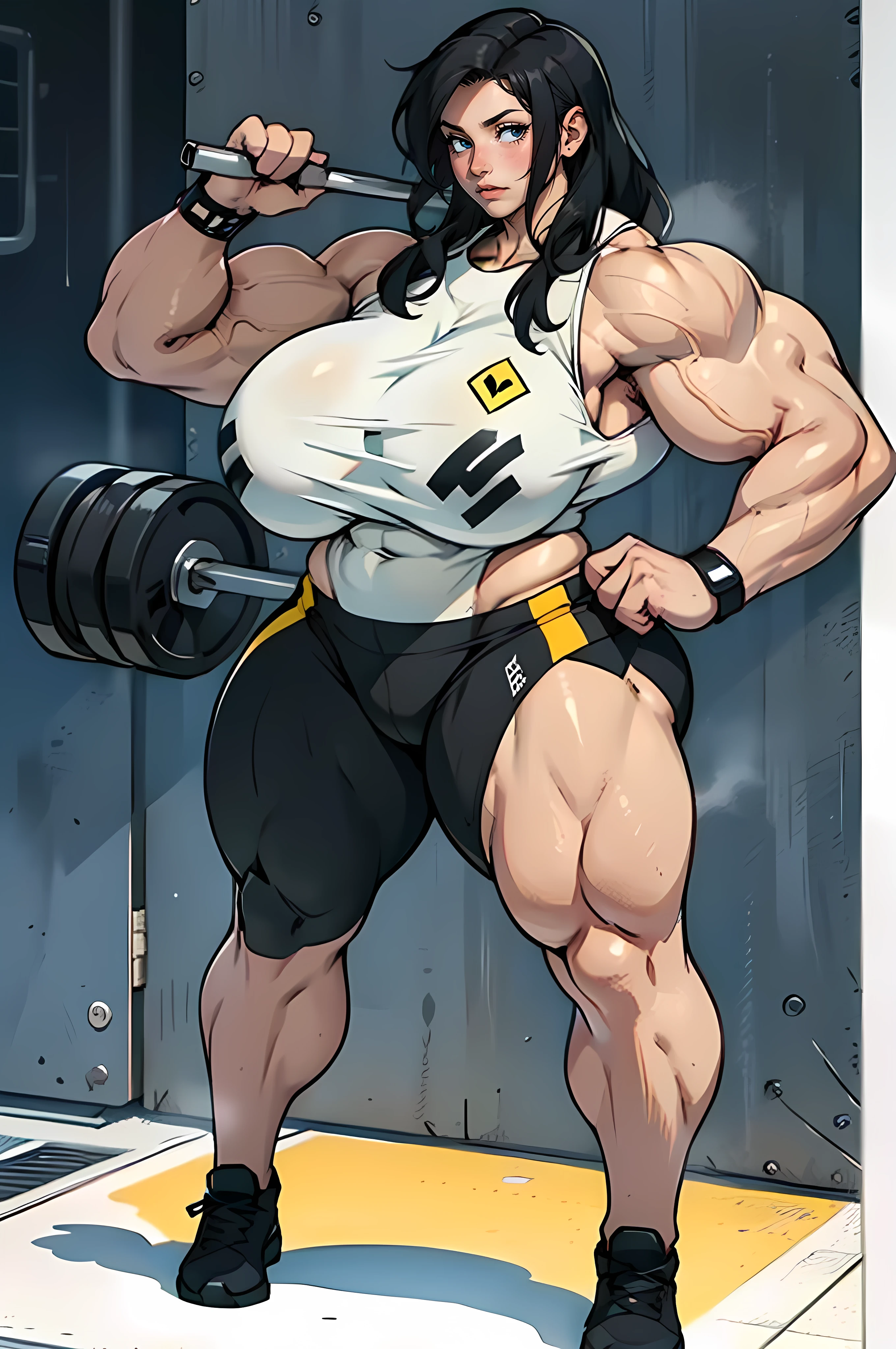 1girl tall solo ((Massive Female Bodybuilder)) (huge breasts:1.7) extremely long hair perfect anatomy curvy tight shirt tight pants cowboy shot