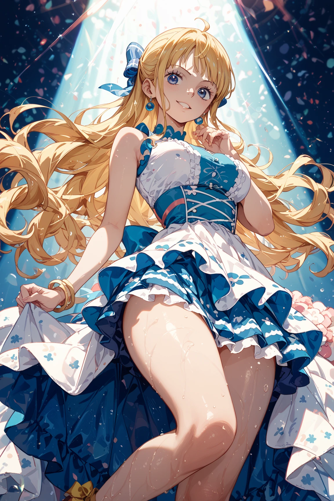 #Basics Girl posing for a photo, animeのcute少女, ((One Girl)), ((Baby Face:1.5)), ((cute:1.5)), (()), 
break 

#Clothing Accessories 
((Light blue lace and frill dress:1.2) : Quinceañera + Long sleeve + Long skirt) + (White high heels) + (White headband) + (Red flower hair ornament), 
((Blue gemstone earrings, Silver Necklace)), 
break 

#Features 
((Blonde:1.2)), ((Long side bangs)), ((Short Hair) : Long Hair + Voluminous Hair + Curly Hair + Curly hair), 
((Big eyes:1.4)), ((blue eyes)), 
(Small breasts), 
(White skin), 
break 

#background environment 
((noon, A large lawn dazzling with sunlight, blue sky)), 
#Facial Expression Pose 
((smile)), ((Stand strong with your arms outstretched)), 
#composition 
((Angle from the front)), ((Cowboy Shot)), 
break 

#Body parts elements 
(Slim figure), 
(Symmetrical facial features), 
(Detailed Hair, Beautiful Hair, Shiny Hair), 
(double eyelid, Long eyelashes, Thin eyebrows:0.5), 
(Detailed eyes), (Beautiful Eyes), (Sparkling eyes), Glitter Eyeliner, 
(Human Ear), 
(Beautiful Nose, Thin Nose), 
(Glossy Lips, Beautiful Lips, Thick lips), 
(Detailed skin, Textured skin, Beautiful Skin, Oily skin), 
break 

#quality  
(((最高quality)), ((masterpiece:1.3)), ((Very detailed))), ((Ultra-high resolution)), ((16K)), ((1080P)), ((Full HD)), 
((Anatomically correct)), ((Realistic)), (3DCG), ((oil)), 
((comics, anime)), (CG illustration), (RAW Photos), 
