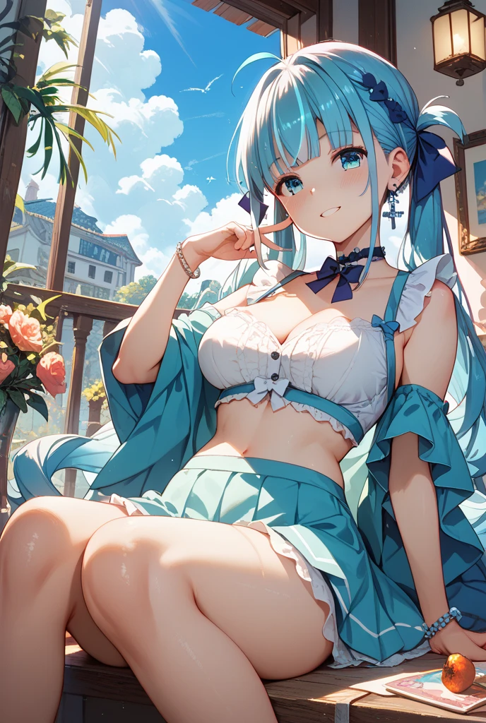 pov, looking to the side, soles, overlook view, slender waist, one girl, a young girl, big forhead, blue streaked hair, Beautiful face, shock, green pupil, heterochromic, side-tie bikini bottom, white skirt, light brown Clothes, A slight light, Chinese architecture, Ink dyeing,