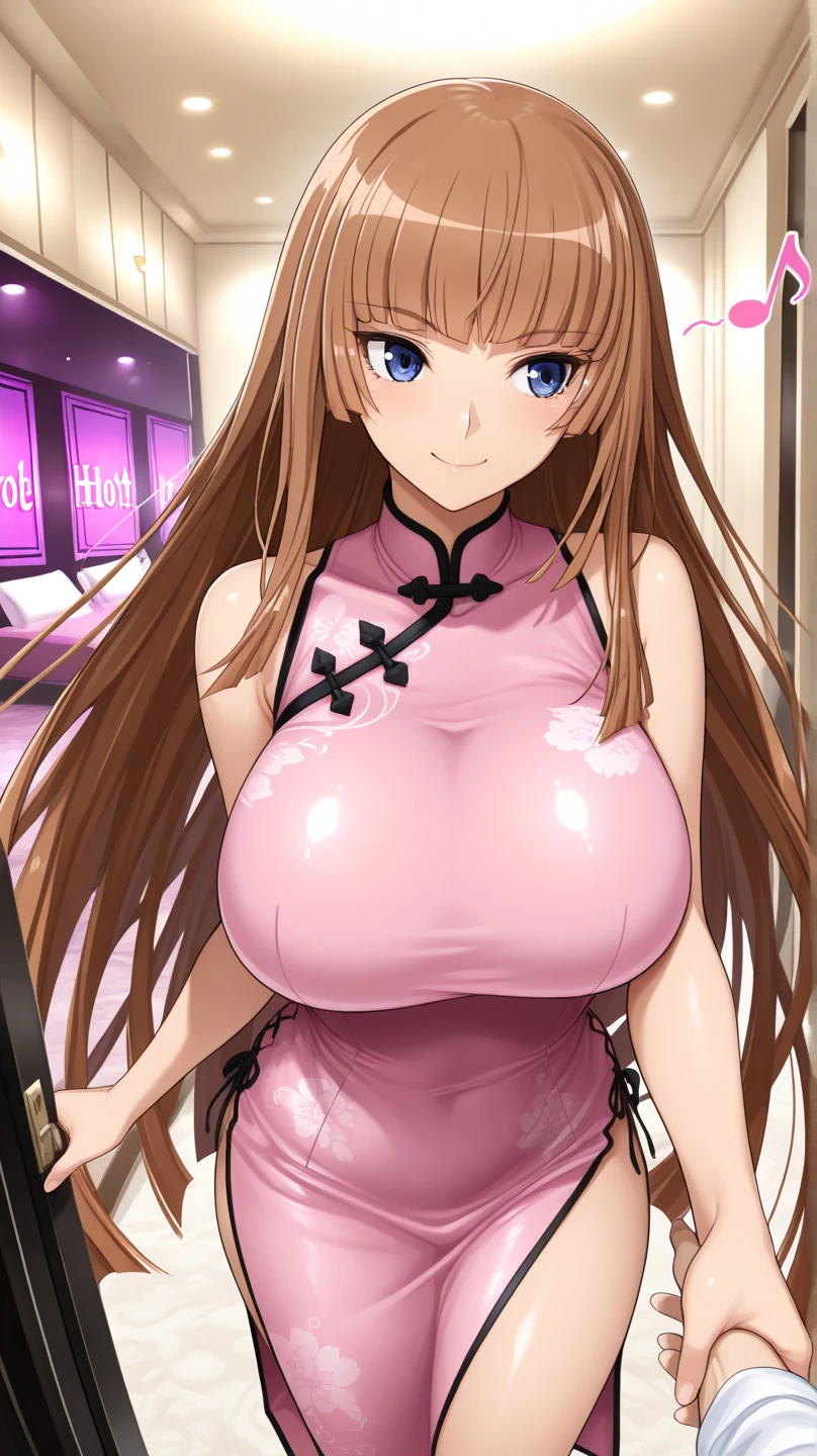 Big Breasts、Taimanin　Asuka Kogawa、Shiny pink sequin night dress、Pink love hotel with dim lights、smile、Lightly open your mouth、Evil female executive、adult、Married Woman、slouch、lure、bewitch、excited、Shyness、sadist
