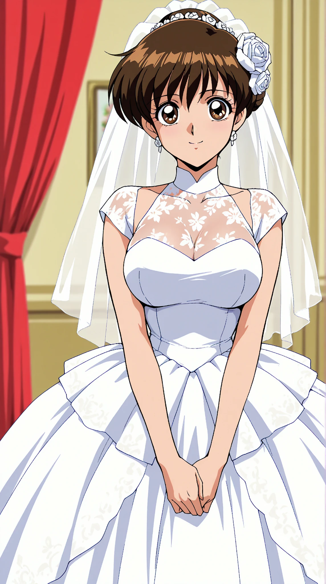 best quality,cityhunt3er, ponytail, Gurwitz, pillory, Head flail, hand flail, flail,(bridal veil:1.5), (short sheer veil:1.5) Blushing face, Head flower,headgear, (tube top wedding dress:1.5),(Silk dress:1.2),(Strapless wedding dress:1.5),Bouquet,pure white dress,necklace,earrings,(large breasts:1.3),Deep V peach heart collar wedding dress,Bangs,lipstick,(lace gloves:1.3) ,Bust photo, High detail RAW color art, Tyndall phenomenon