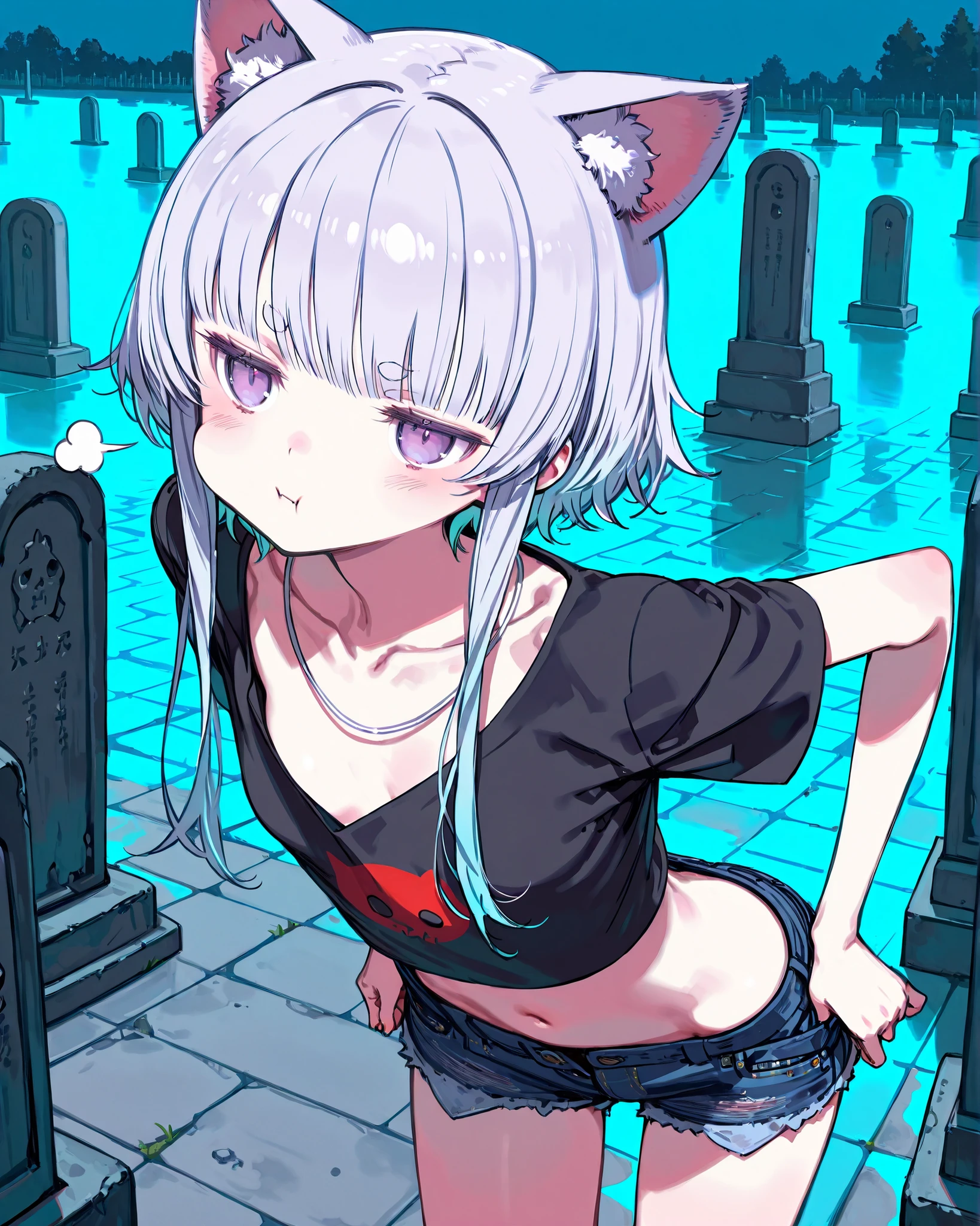 ((Kuroboshi Kouhaku style)), ((Masterpiece)), ((best quality, very aesthetic, absurdres, newest, detailed background, High Definition)), (8K), ((1girl)), (cute young girl), (Healthy Gaunt body, Textured skin, small breast, tilt head), ((platinum-gold hair)), (cropped shirt, black shirt, loose neckline shirts, gradient shirts), cute navel, exposed lower abdomen, (short shorts, Navy blue Denim shorts, unbuttoned shorts), cute thongs, (long bangs, fanged bangs, blue color Hair Tip), gradient hair, beautiful collarbones, BREAK ((:t, blush, pout)), puff of air, Thin and short eyebrows, (cute cheeks), glossy lips, pouty lips, (lower eyelashes), (cat ears), ((jitome, pale purple eyes, gradient eyes, looking at side)), (pulling down shorts, pull by self, undress shorts, slightly exposed naked hip), (loose standing on the Stone tile floor, leaning forward), thongs, ((foggy effect)), outdoor, Terrifying haunted Cemetery at midnight, rotting tombstone, Decaying cemetery,