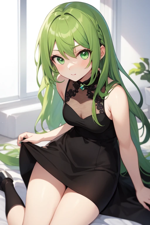 NSFW,masterpiece,Highest quality,High resolution,Super detailed,Uber\(Funeral of Frieren\),Green Hair、bangs、Hair between the eyes、Side Ponytail、Purple Eyes、Black choker、clavicle、No sleeve、Black Dress、No sleeveのドレス、Halter neck、Pleated skirt、Black gloves、belt、Black shoes,Embarrassed,blush,Luxurious Room,pub,Private room,sofa,heart,y pose