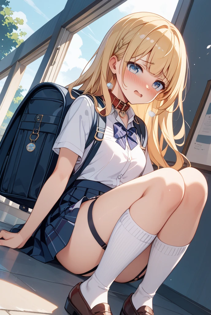 girl with：I'm a pretty girl with blonde hair and blue eyes.。I'm about 8 years old。wearing white frilled blouse。She wears a blue ribbon around her neck.。in classroom,lying down on the desk。upskirt,detailed race panties showing,((cute panties)),((detailed race panties))