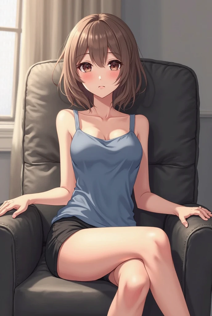 Sandy Beach, Day,Windows,Sitting on the couch, Beige shirt,mini skirt, Place your arms behind your back, Put your hands behind your back,clavicle, Chest cleavage, black eye, Brown Hair,Pink Hair,Single Blade, 1 girl, 20 years,young woman,beautiful Finger,beautiful long legs,beautiful body, beautiful Nose,beautiful character design, perfect eye, perfect face,expressive eye,Perfect balance, View your audience,(Focus on her face),Mouth closed, (Innocent_big_eye:1.0),(Light_笑face:0.3), Official Art,Very detailed CG Unity 8k wallpaper, Perfect lighting,colorful, bright_front_face_Lighting,White skin, (masterpiece:1.0),(Highest_quality:1.0), 超High resolution,4K,Very detailed, photograph, 8k, High resolution, High resolution, Absurd:1.2, Kodak Portrait 400, Film Grain, Blurred Background, Bokeh:1.2, Lens flare, (Vibrant_color:1.2),Professional Photograph, (beautiful,big_chest:1.5), (beautiful_face:1.5),(narrow_Waist),
