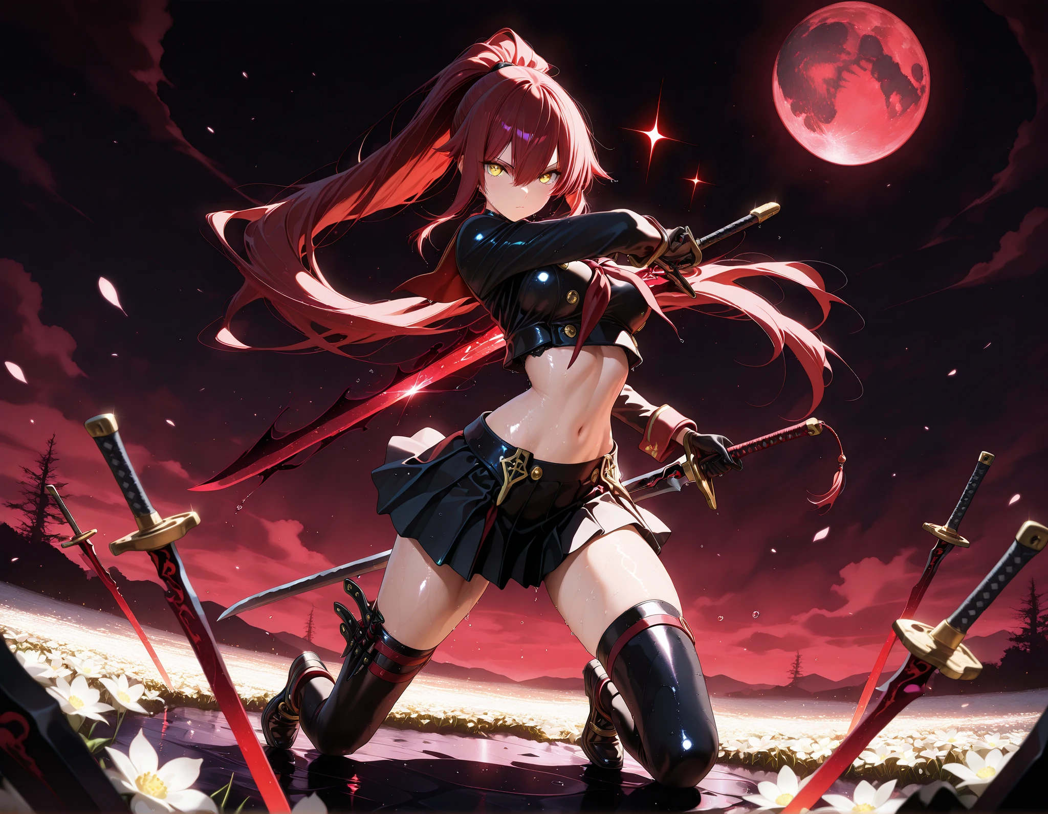 masterpiece, top quality, Super Detailed, 8k, full body, dynamic poses, cinematic lighting, solo, 1 girl, golden eyes , very long hair , long sidelocks, red hair , half upon, medium breasts , petite , very cute , beautiful ,Straight hair, cool, handsome, hair between eyes, confident, Japanese High School Girl , pleated skirt, sailor collar, navel, black thigh high socks, glossy skin, katana spinning through the air, Confident Expression, Desolate World 、Black sky and red moon、small flower field on dead earth, raindrop, Wet, Disconnect, ponytail in a low position, serious expression, Semi-realistic, anime style, two dagger. black blades, masterpiece, best quality, amazing quality, very aesthetic, 8k, HDR, cinematic, Glowing_Lights, glowing_light, glowing, glowing_effect, sparkling, particles, sparkle_effect, light_particles, glitter, glitter_effect, bokeh, light_bokeh, light_reflection