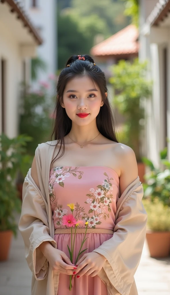 best quality ,masterpiece,ultra high res,(photo realistic:1.4), Very detailed, Vibrant colors, alone, Mid-range shot, (One girl:1.5), (Are standing:1.3), from the front, Soft Light, (View your viewers:1.6), elegant, Perfect dynamic composition, 、Beautifully detailed and cute face:1.3, (Simple Background:1.1), Very detailedなチャイナドレス, Sensual body、Brown Hair, Random sexy pose, smile、20-year-old woman, 