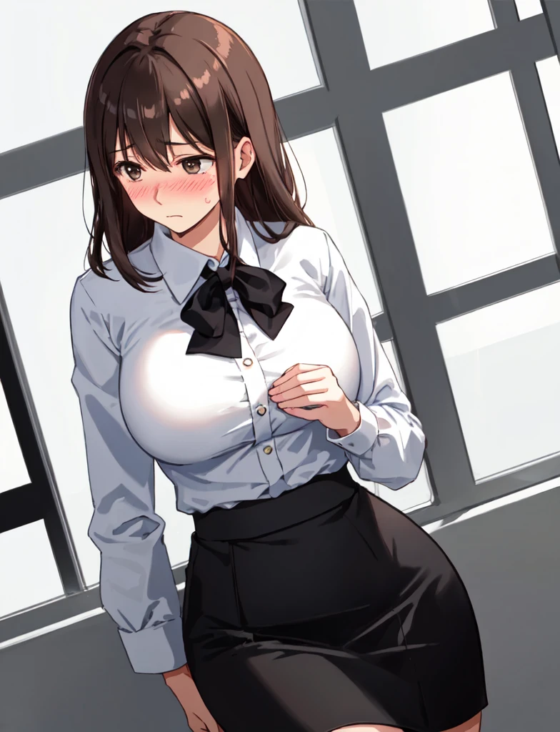 (((bend over backwards:1.3, standing))), (sexy poseasterpiece), (best quality), (intricate detailed), (Hyperrealistic), absurd res, perspective, highly detailed, detailed background, illustration, 1girl, perfect hands, detailed fingers, beautiful detailed eyes, perfect eyes, seductive eyes, (medium chest), milf, mature woman, brown eyes, CEO, (business outfit:1.3), earrings, a woman in the office room, a white wall, (blush), forehead