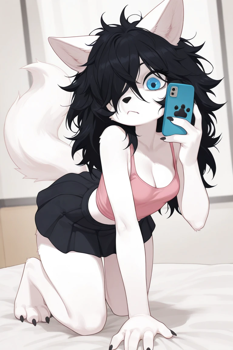 score_9,score_8_up,score_7_up, sierra, kemono style, a young nerdy Anthro furry wolf woman, white furry body, black hair, long black hair, messy hair,  black glasses, wearing black bra, black thong, barefoot, feet paws, four toes, she is holding an iPhone with both hands, texting on an iPhone, looking down at iPhone, front view, bored expression, front view, simple white background, standing, tall and slender, full body shot