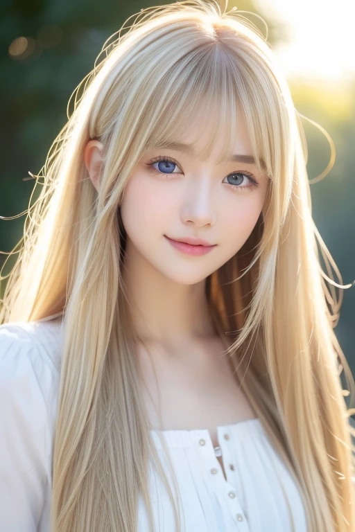 Shining, clear, white skin、Wind-blown hair gets in the way of a beautiful face、20 years old cute sexy little beautiful face、Beautiful straight hair that stands out、growing up, Very bright light blue and white eyes、Long, silky bangs that cover cute eyes, Super long hair with hair that hides a sexy face、Sexy and pretty young woman with long natural platinum blonde glossy shiny hair