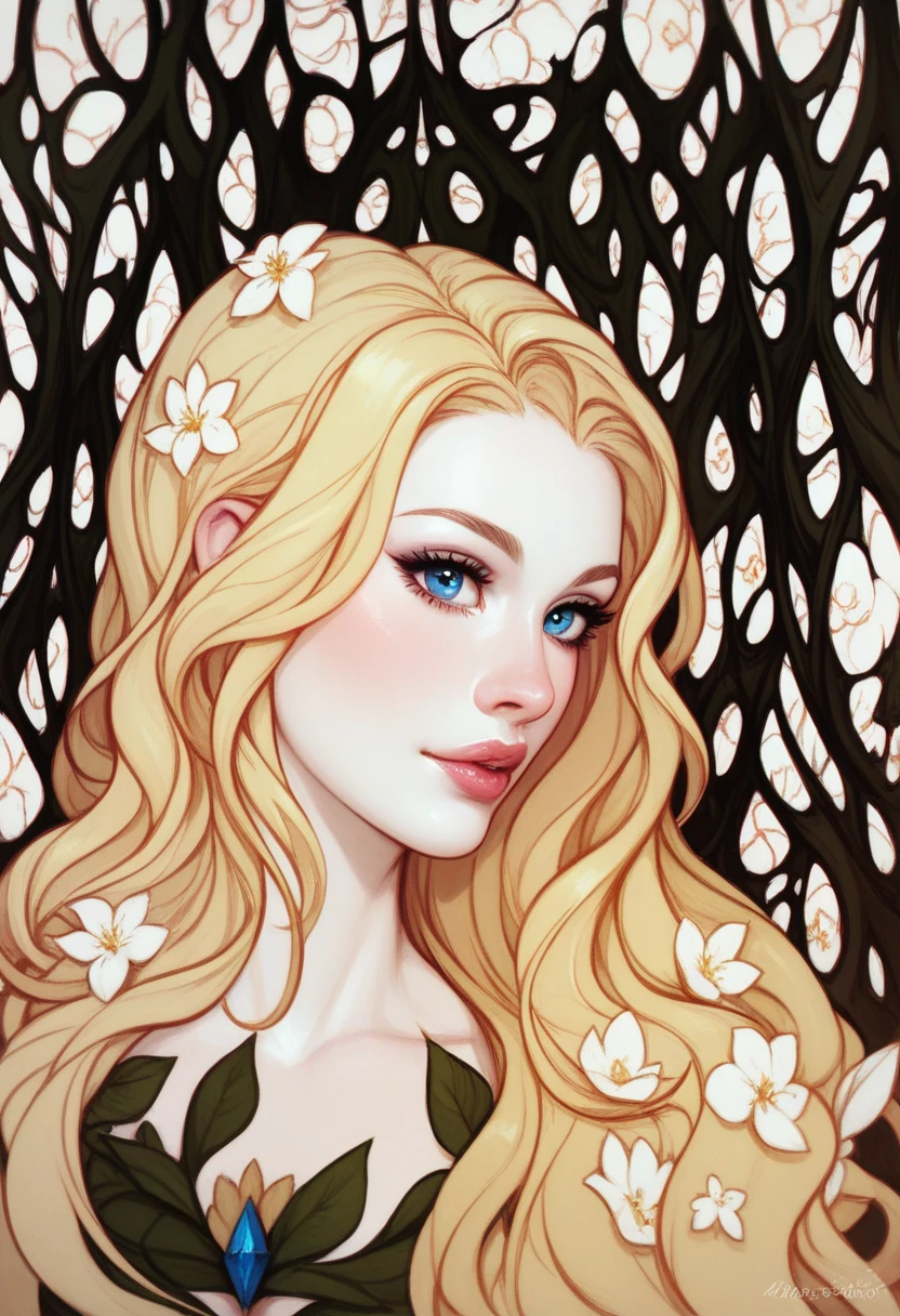 long dark blonde hair, Brown eyes, long eyelashes, full lips with a natural pink tone