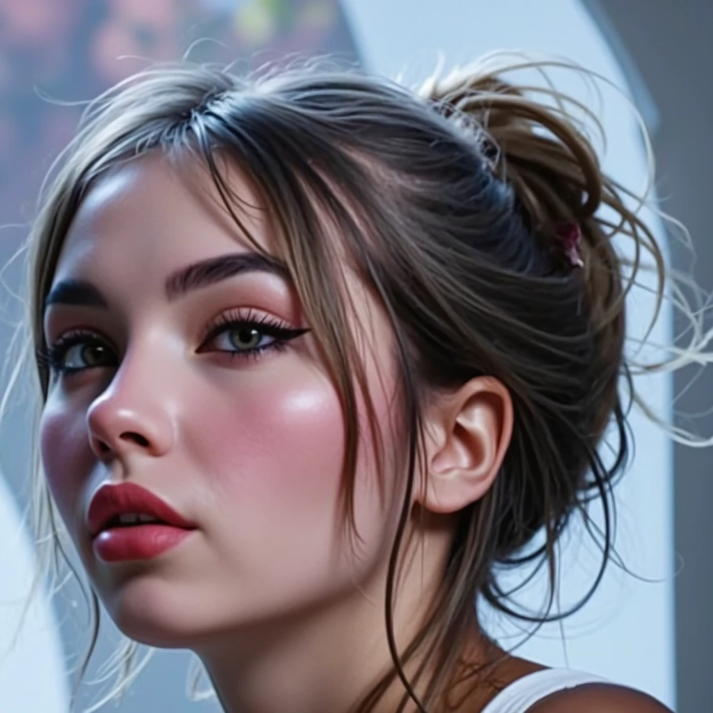 photoshoot of beautiful woman hair , double bun, freckles, moles, skin textures, posing in waterfall, full red lips, (masterpiece) (best quality) (detailed) (8k) (HDR) (wallpaper) (cinematic lighting) (sharp focus) (intricate) beautiful little bra
