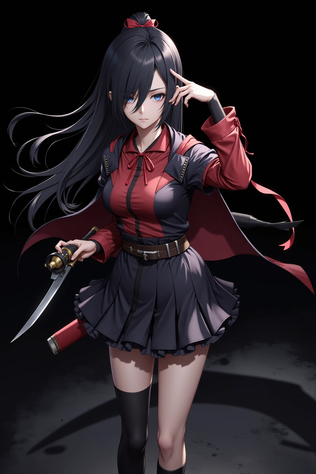 of the highest quality、masutepiece、ultra-detailliert、1womanl、Solo、25-years old、(Jet black uniform:1.3)、(Lens Flare:1.4)、(Angry smile:1.2)、(short twin-tailed black hair:1.2),Forehead, Shiny hair, Delicate beautiful face, (scary atmosphere:1.2),Looking at Viewer、a red skirt、(Ruby eyes:1.4),(Holding a knife in hand:1.2)、Midnight Ruins,red necklace、red earrings、Dark scenery
