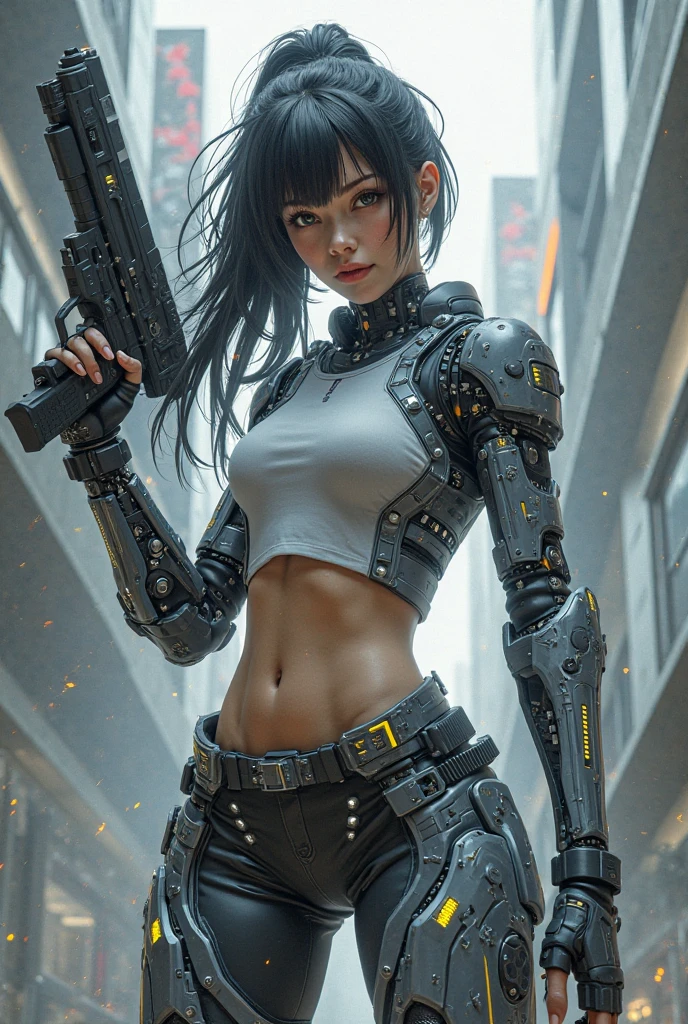 Jayden Jaymes as a cyberpunk future warrior holding a massively oversized gatling gun. wearing a white swinsuit armored cyberpunk, Perfect body, against a geometric diamond shaped complex background, immaculate composition, brian viveros, katsuya terada, tim okamura, dynamic pose, dynamic light and shadow, bold high quality