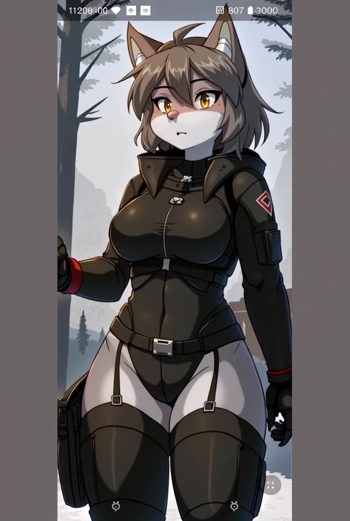 1girl, tan skin, tan, tan-skinned female, from behind, ass, ass focus, thong, panties, jacket, smile, smirk, smug, breasts, huge ass, ((huge ass)), thick thighs, mature female, milf, hourglass figure, black hair, very short hair, yellow eyes, forest, black jacket, ((black jacket)), hooded jacket, belt, military hat, cap, gloves, highleg, gun, black thong, spiked hair, ((highleg)), military jacket, bare legs, tomboy