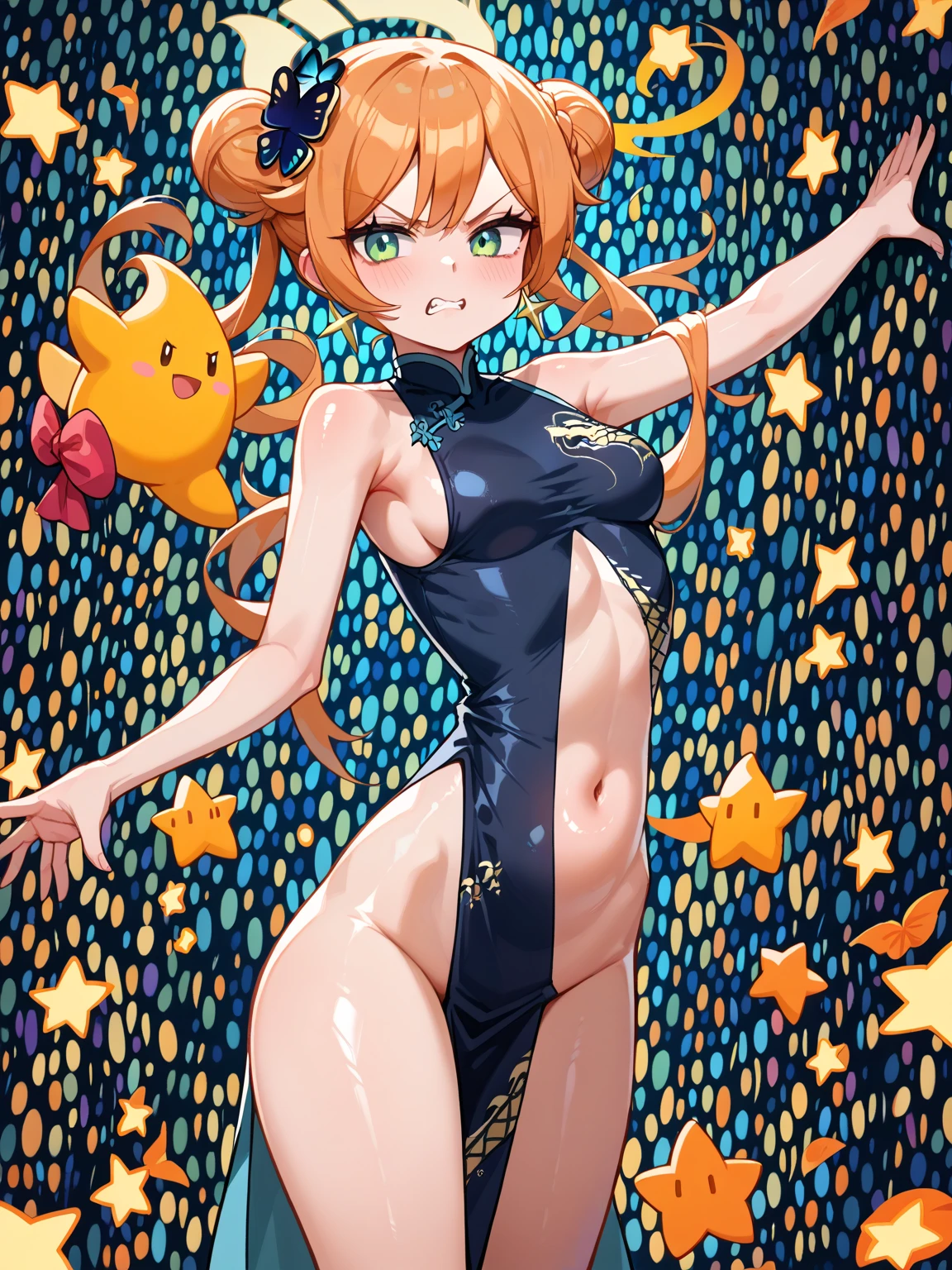 masterpiece, Highest quality, From below,Hoshizora Rin, Orange Hair, Yellow Eyes, alone, From behind, Cowboy Shot ,strapless leotard, View your viewers ,teeth , (exposed teeth cheeks:1,3), Hydrated, glowing skin , In my boyfriend's room ,Are standing