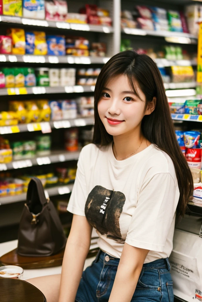 best quality,masterpiece,Ultra-high resolution,(lifelike:1.4),1 girl,Sexy,(supermarket:1.2),(Big breasts:1.2),(Upper body:1.4)