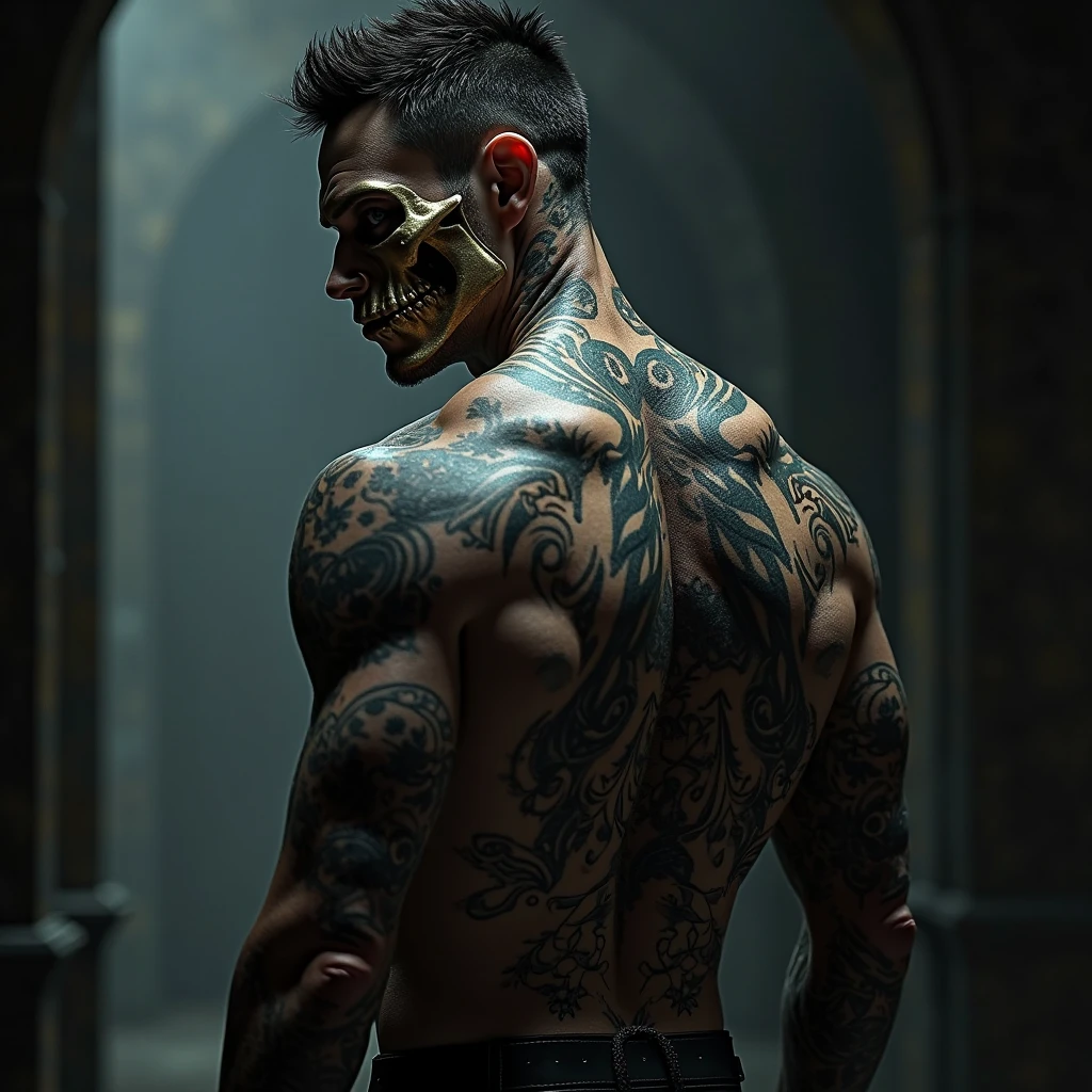 Japanese tattooed man, In a dark and sinister environment, the face is barely visible.
