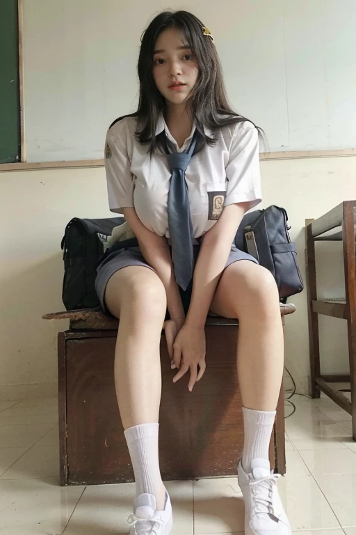 (masterpiece, best quality:1.2), (realistic,photo-realistic:1.4), RAW photo, highres, extremely detailed, intricate details, cinematic lighting, (front view, view from below:1.3), a 16yo female, sitting in chair, in school classroom, (full body,loafers:1.5), large breasts, (fine fabric texture, white shirt, plaid mini-skirt, school bowtie, socks:1.2), detailed eyes, detailed face, fine-textured skin, pale skin, 
(peeing self,urination:1.4),(ashamed:1.2), 
desperate for peeing, wetting her clothes, pee runing down her legs, pee desperation pose, pee desperate face, big pee pudle,
indoors, photo background,