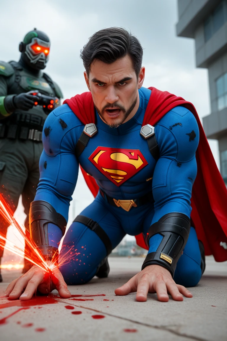 young handsome tyler hoechlin wearing classic Superman costume & tight red bikini briefs, is strangled & intruded by thick electric cables, struggling, exhausted, helpless. many electric wires & a hi-tech round electronic gadget is attached on superman’s big erected crotch & bulge is being drained, being assimilated into a supercomputer. trapped inside a futuristic lab.