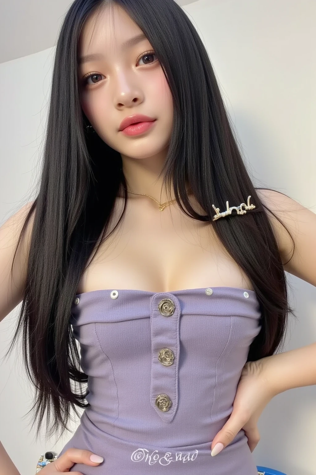 Masterpiece, Best quality, Dusk, full_Moon, Cityscape, Real, Huge_filesize, the wallpaper, Girl, Medium hair, Purple hair, Disheveled hair, Light smile, view the viewer, Small breasts, seifuku, Sailor shirt, white thighhighs, Earrings, Black choker , necklace, On_stomach,
