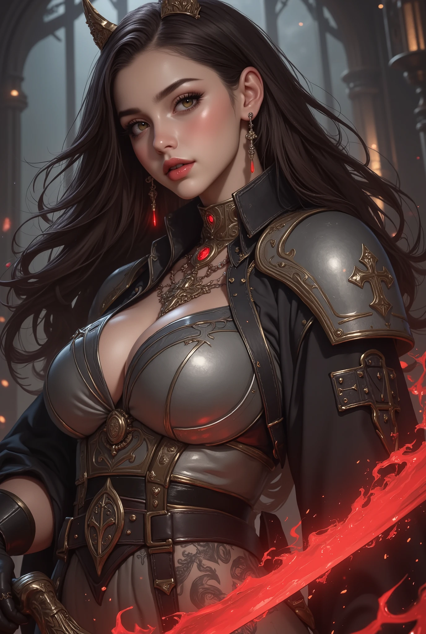beautiful detailed background, octane render, 8k, best quality, masterpiece, illustration, extremely delicate and beautiful, detailed,extremely detailed,CG,unity,wallpaper,Amazing, fine detail, realistic art: 1.2 ,masterpiece, best quality, official art, extremely detailed CG unity 8k wallpaper,1girl, (((long black straight hair,))), dark knight,red eyes,beautiful face, upper body,(black Armor and red robe,) looking at view, realistic photo,Evil laugh,
(hiqcgbody) ,perfect female figure,earring,narrow waist, (looking at view), alluring,prestige,(fire,indoor,ruins)