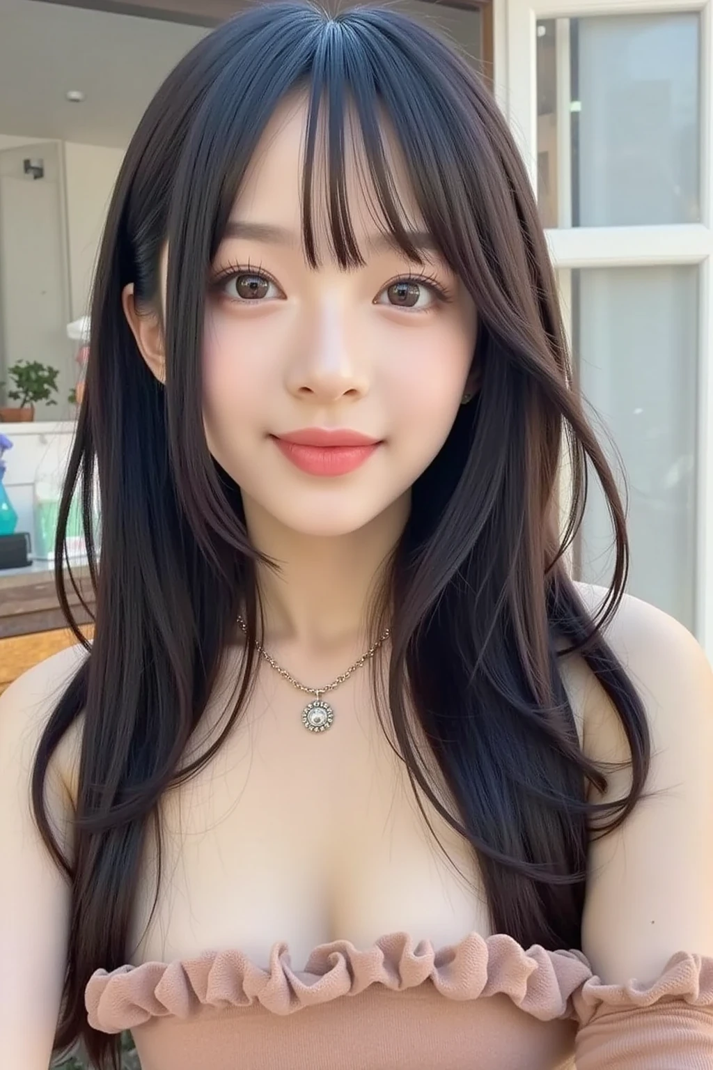 18 year old beautiful girl, Big eyes, Large breasts, Petite and slender, 8K, of the highest quality, (Highly detailed head: 1.0), (Very detailed face: 1.0), (very detail hair: 1.0), maid clothes, high detailed official artwork, anime moe art style, clean detailed anime art, Smile, Black hair, Smooth semi-long hair
