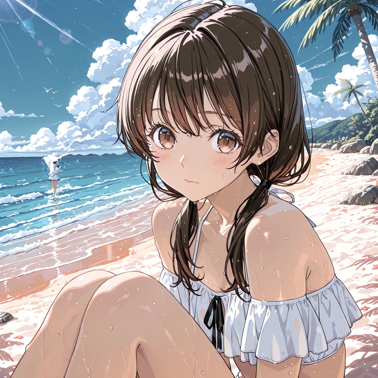 Follow Us, Yuki mandarin orange, (Brown eyes:1.5), Brown Hair, hair ornaments, hair scrunchie, Long Hair, (Flat Chest:1.2),happy smile, smile, Open your mouth,
Open your mouth,School Swimsuit,Straw hat,Holding a swim ring in both hands,True Summer,Palm tree,Are standing break looking at viewer, whole body, break outdoors, Sandy Beach,Beach, break (masterpiece:1.2), Highest quality, High resolution, unity 8k wallpaper, (shape:0.8), (Beautiful and beautiful eyes:1.6), Highly detailed face, Perfect lighting, Extremely detailed CG, (Perfect hands, Perfect Anatomy),