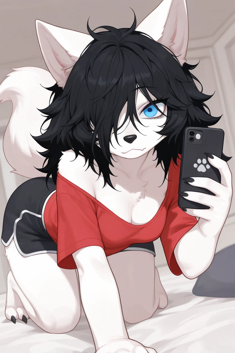 Solo, score_9,score_8_up,score_7_up, a young nerdy Anthro furry wolf woman, white furry body, tall, long black messy hair, hair covering one eye, long bangs, long black hair, blue eyes, black glasses, small breasts, white wolf tail, topless, wearing oversized red t shirt, exposed shoulder, black boy shorts, bored expression, eyes half open, barefoot, 4 toes, lounging on a couch, holding a box of pocky, a pocky stick in her mouth