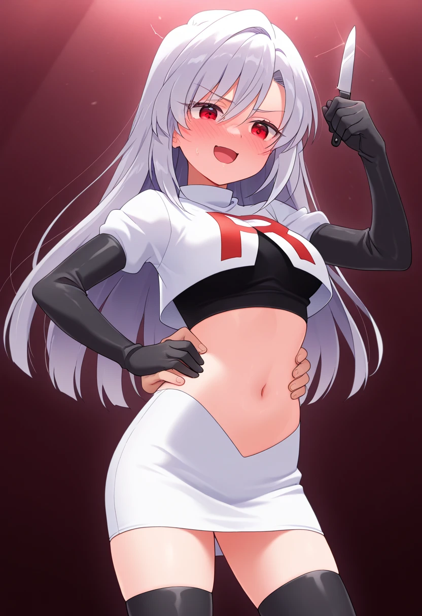 (((fujiwara no mokou))),(touhou),(((red eyes))),(((very long hair,white hair,bangs,hime cut)))),(((hair bow, white bow))),(((white leather jacket))),(((Flame Pattern print red full bodysuit))),((latex)), (shiny clothes:1.2),(((grin))),(((large breasts))),(((full body))),(((arm behind head))),(((model posing))),((((simple white background))),(((Side angle)))