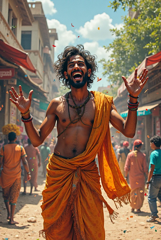 Toothless man with ugly makeup and female hula dress on street