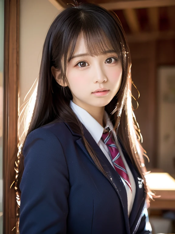 (highest quality,8K quality,masterpiece:1.3),(ultra high resolution,photorealistic:1.4,Live shooting),(Super detailed,caustics,detailed background),(ultra-realistic capture,Beautifully detailed skin,perfect anatomy),at dusk,sunset sky,school building,schoolyard,14 years old,cute,single eyelid,black long hair,School Blazer Uniform,Looking at the camera,A sloppy smile,bust up shot,Natural light