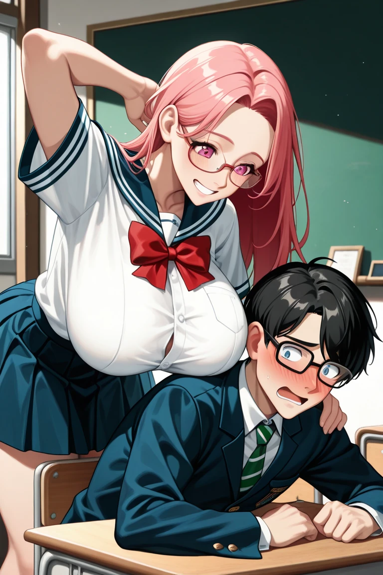 score_9, score_8_up, score_7_up, Expressiveh, GBOSER, breast grab, grabbing from behind, 1girl, 1boy ADDCOMM
1boy, black hair, black frame glasses, white collar shirt, blue tie, standing, smirking, hand in vagina, fingering vagina, standing front the blackboard, ADDCOL
1boy, 1girl, aru_\(blue_archive\), pink hair, horns, halo, long hair, large breasts, off shoulder white blouse, black lace bra, nipples, black lace thong, black stockings, looking down, scared, biting lips, tears, body shaking, pussy juice dripping down, hand in vagina, fingering vagina, standing front the blackboard, arms behind back,