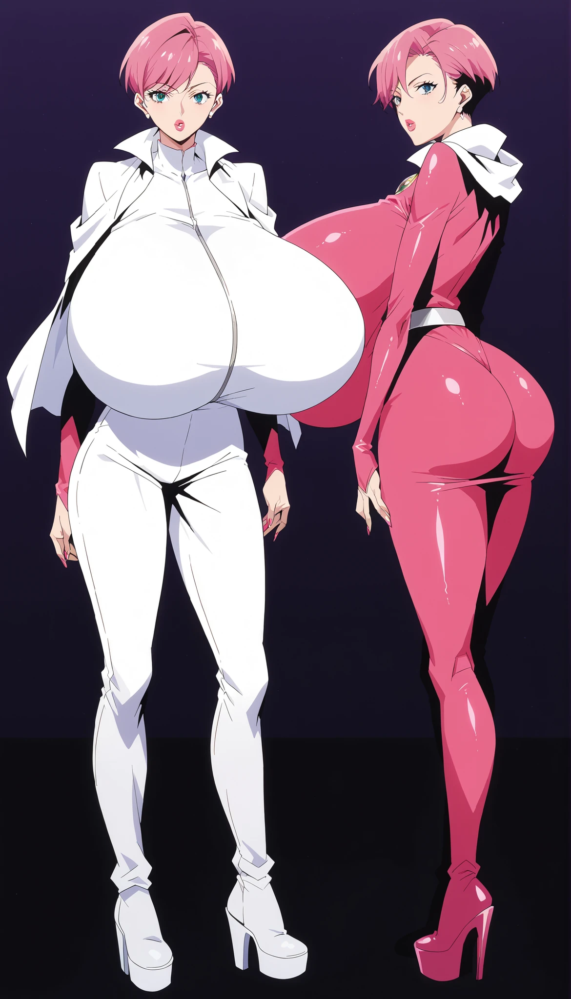 Scientist adult woman, Bblack hair, white coat open, tight blouse, tight legging pants, purples eyes, Red lips, large breasts, big ass,