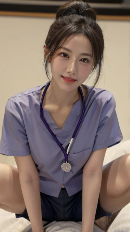 Cowboy Shot、(hospital:1.5)、Sit on the bed、Female nurse、Modern hairstyle、smile、Big Breastature Woman)、(24-years-old)、((Ultra tight uniform))、Trendy pastel color uniforms、Nurse shoes、Name tag on chest、Stethoscope from the neck、(Black Hair)、(((Spread your legs)))、(Pastel colored lace panties are visible)、highest quality、超A high resolution、(Realistic:1.85)、Beautiful Japanese Eyes、Super Beauty、Perfect Style、Perfect balance、Detailed skin、((Delicate photo)),(Detailed RAW photos of girls), (Tabletop:1.25), (highest quality:1.6), (超A high resolution:1.5), (Realisticです:1.75), 8K resolution, Canon EOS R5, 50mm, Absurd, Very detailed,Cinema Lighting、