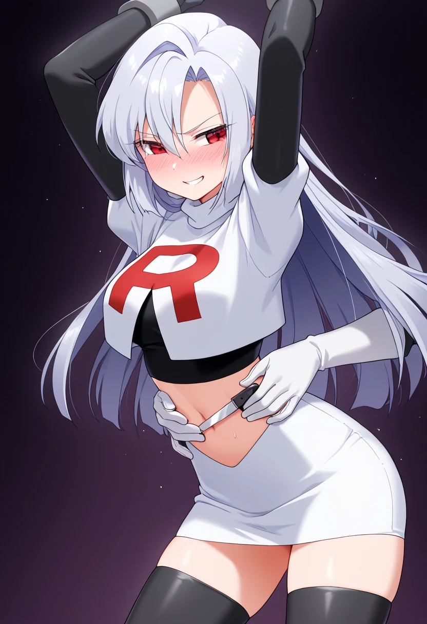 masterpiece, best quality,lucifer with crown,red eyes, white hair,team rocket,team rocket uniform,white skirt,red letter R,crop top,black thigh-highs,black elbow gloves, comic strip