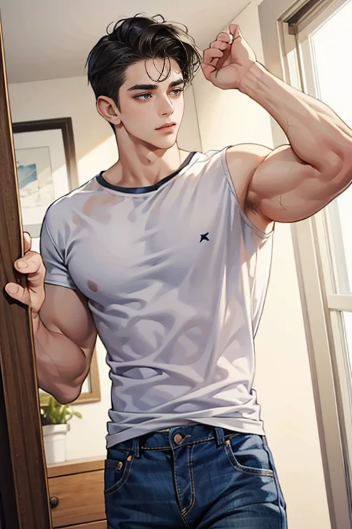HD, Super Detailed, High Quality, ((best quality)), ((masterpiece)), (detailed), Fluffy wavy brown ombré short hair, tan skin, muscular athletic build, jawline, a white compression shirt, baggy sweat pants, wired earbuds, Anime Style, Short Hair, Boy