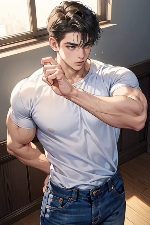 Black-haired Chico, Blue eyes, muscular, hot and sexy sweaty body, shirtless, wearing black pants, barefoot