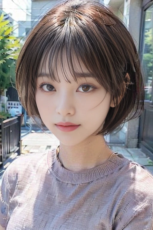 1 Taiwan model, Hair Model, Unique hair details, Knitted Cardigan, double eyelid, Very short hair、Blonde-like brown hair、View from below、Tear bags are large、Mole under right eye、fjat chest、Embarrassed look、26 years old、Taiwanese women、twilight、garden