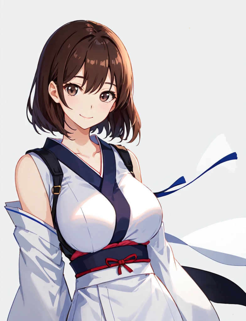(best quality), (Super detailed), (Best Illustration), (beautiful girl), (kimono:1.3), look at viewer, (beautiful large breasts), brown hair, (bob cut:1.3), curly hair, hairs between eyes, blue eyes,