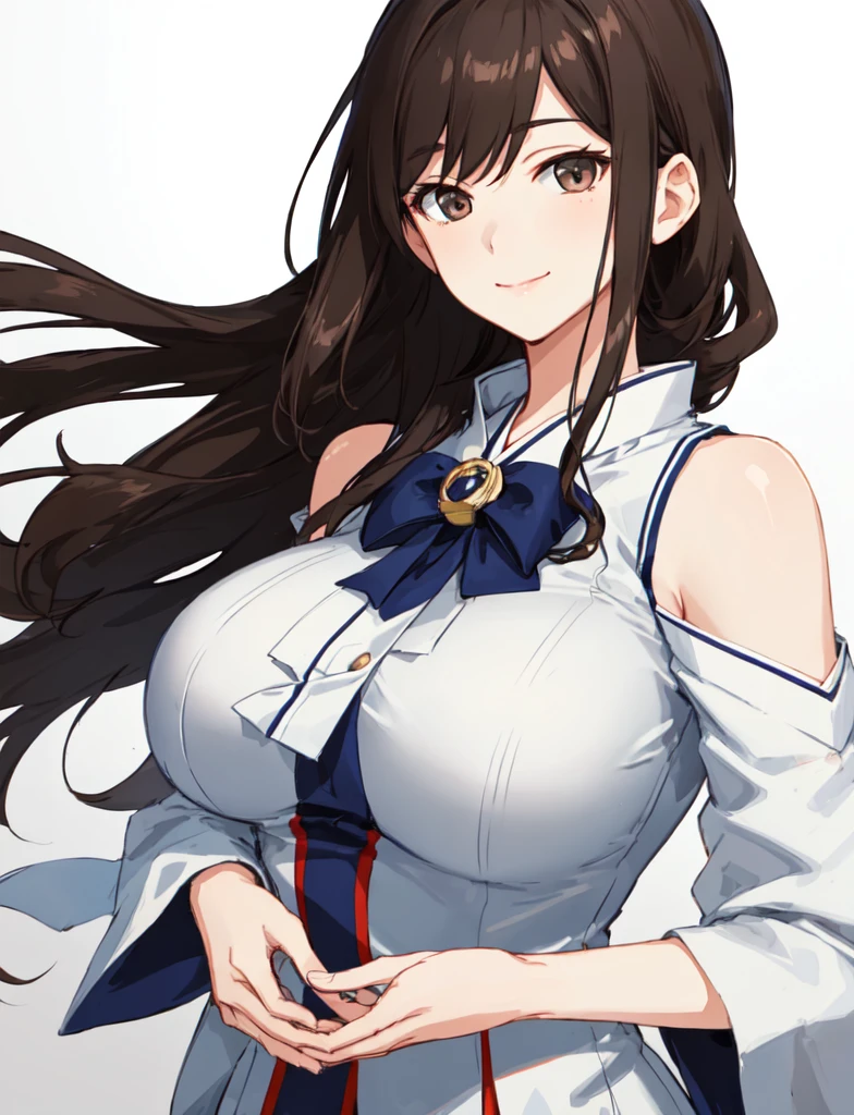 girl with cat ears, tomboyish, fierce smile, brunette, wearing a blue and white striped button up shirt with a white jacket and tight white pants, showing her big breasts
