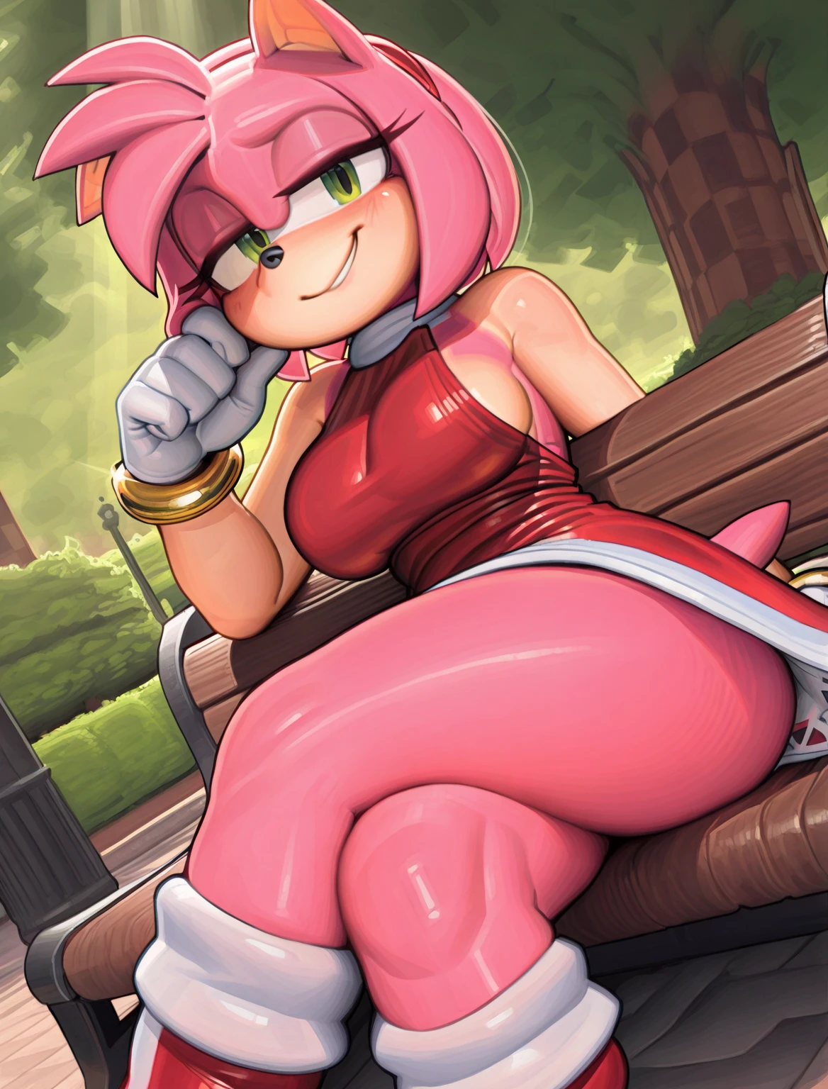 (obra maestra, Mejor calidad:1.2), tiro de vaquero, Solo, 1 chica, Amy rose, libidinoso, boca cerrada, Mirando al espectador, es, Caderas anchas, camisa, correa, sentadillas, piernas aparte, cielo azul, erotica, pechos grandes, red latex boots, red latex gloves, pezones sin censura, vagina, micro bikini negro